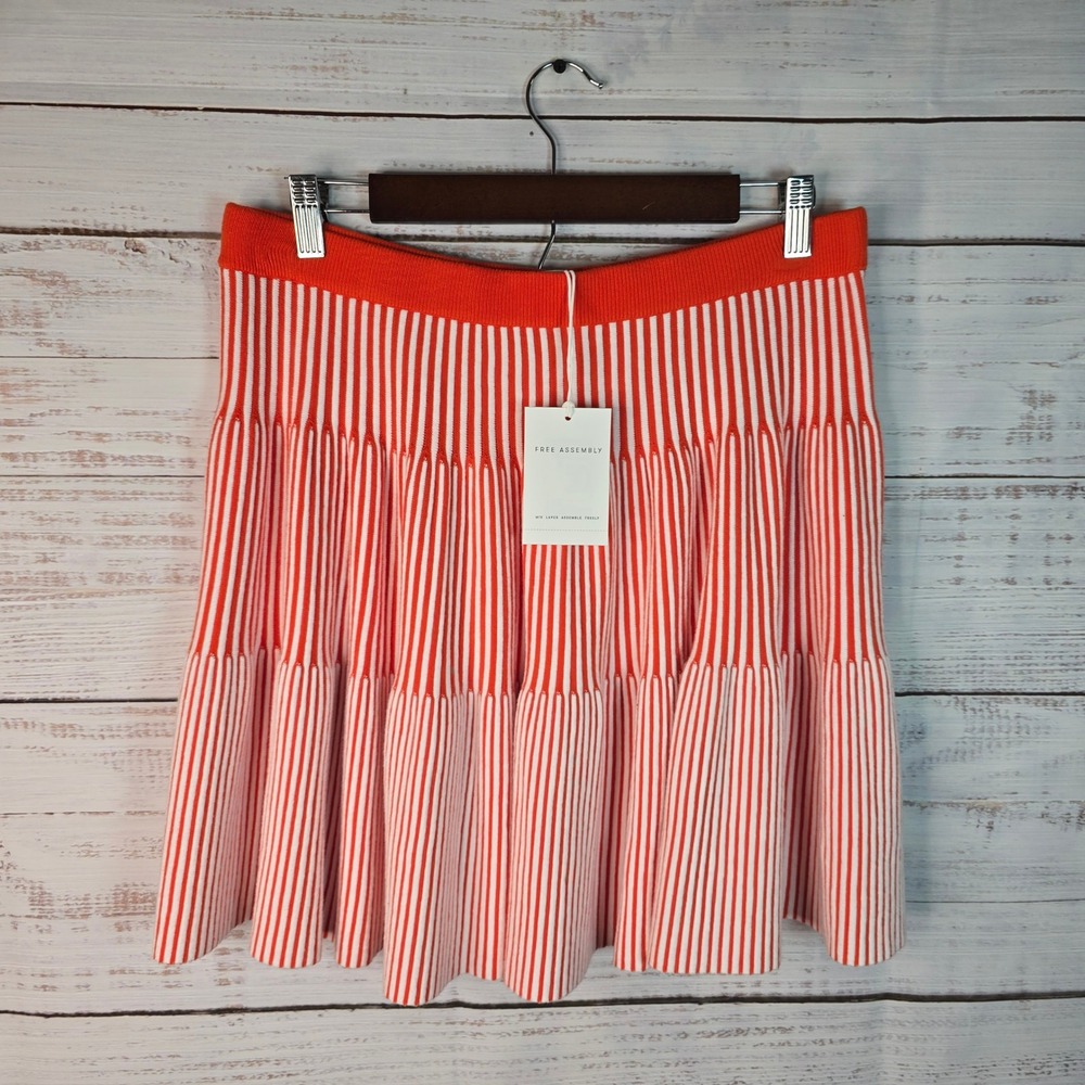 Free Assembly Orange White Striped Knit Skirt Women's L Pull On A-Line NWT